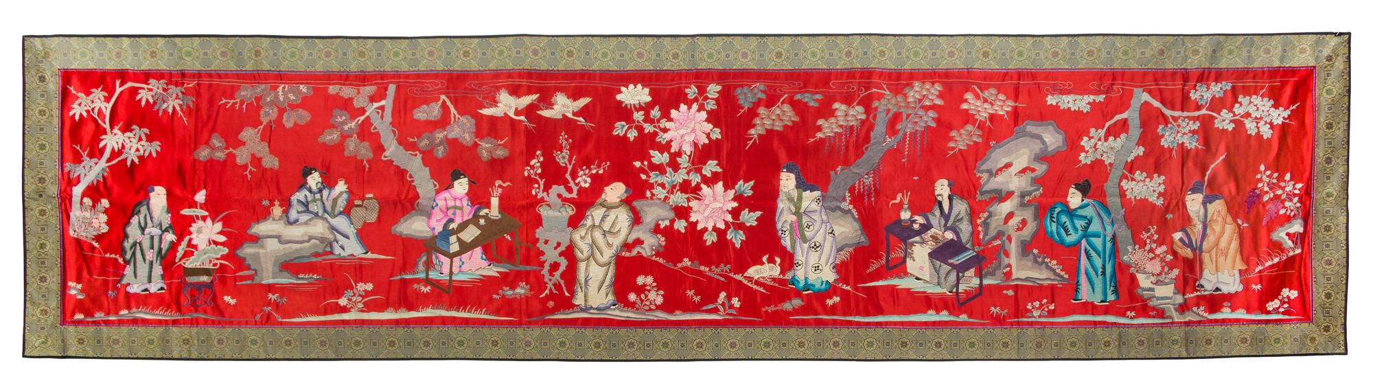 A Red and Blue Silk Embroidered Panel 20TH CENTURY 33 1/2 x 131 inches. — 20TH CENTURY