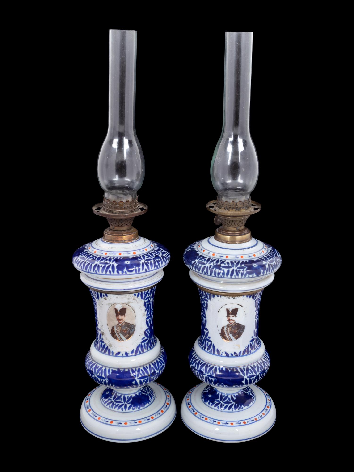A Pair of Persian Market Opaline Glass Oil Lamps