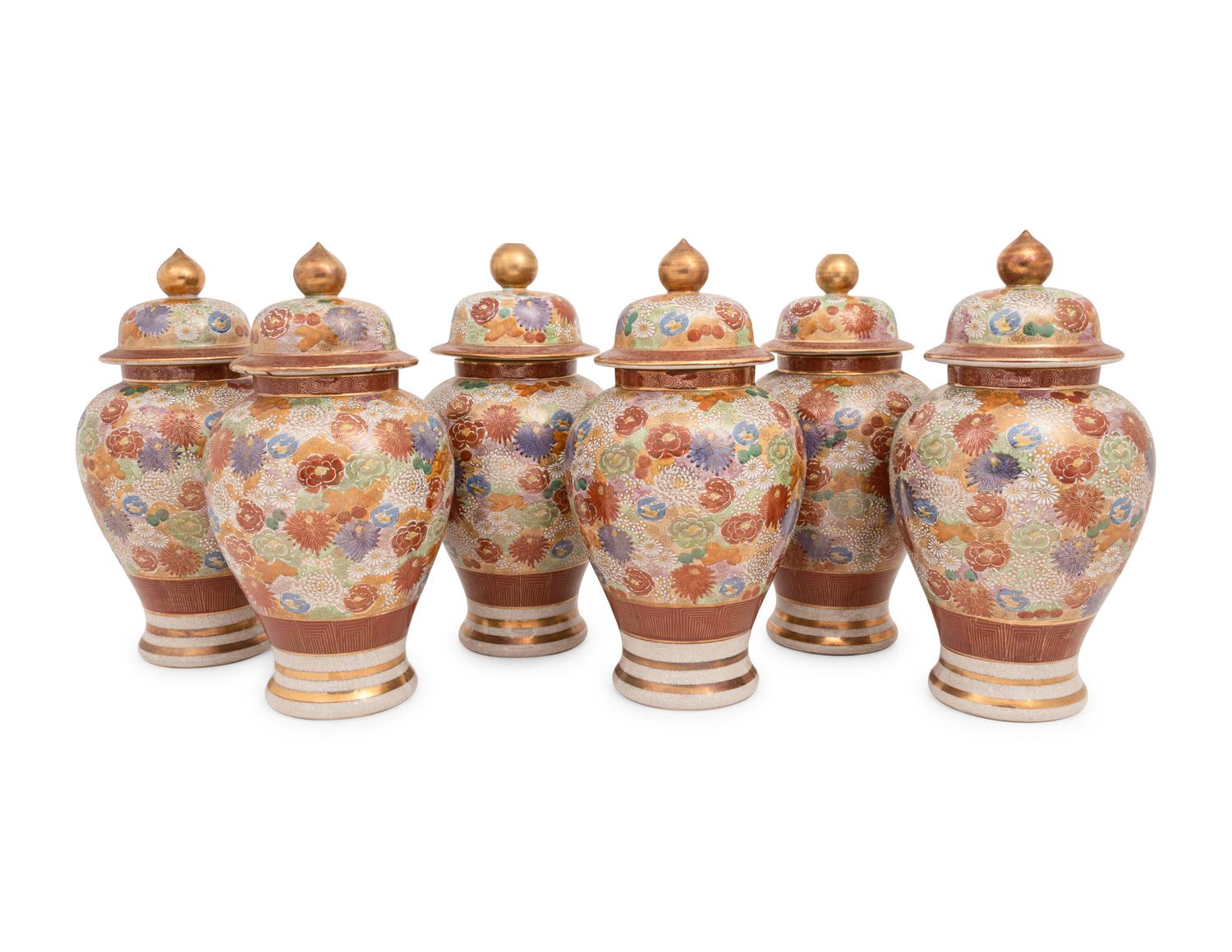 Six Japanese Kutani Porcelain Covered Jars
