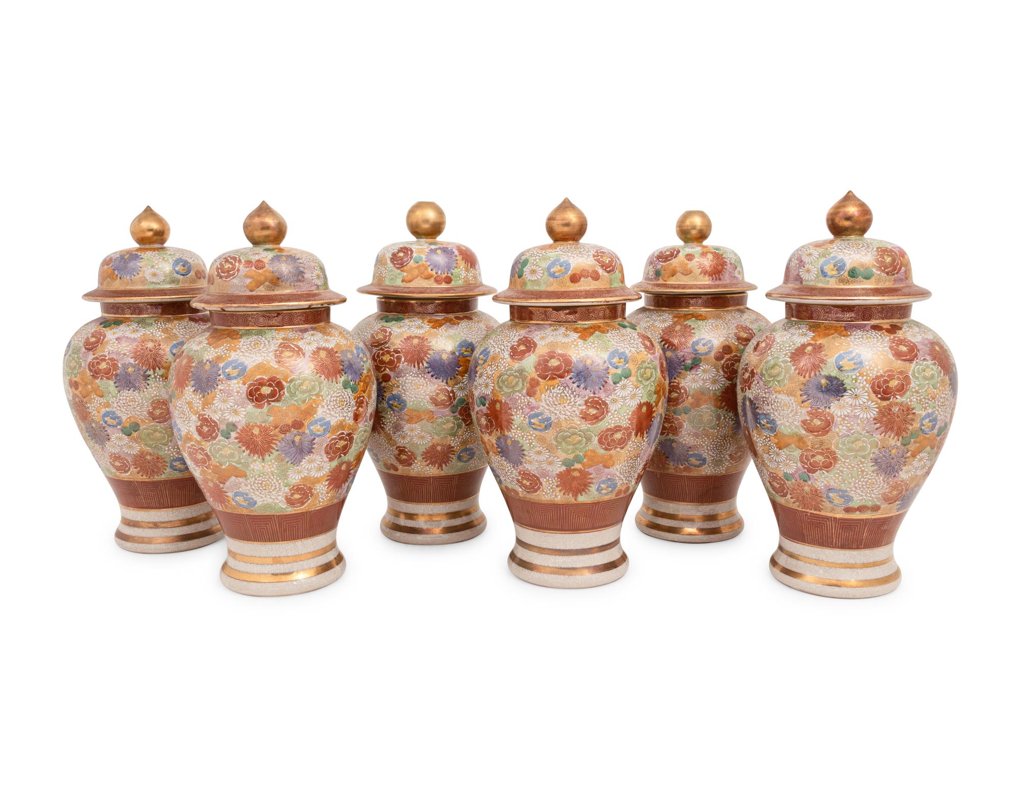 Six Japanese Kutani Porcelain Covered Jars