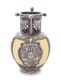 An Austrian Silver Mounted Ostrich Egg Puzzle Jug