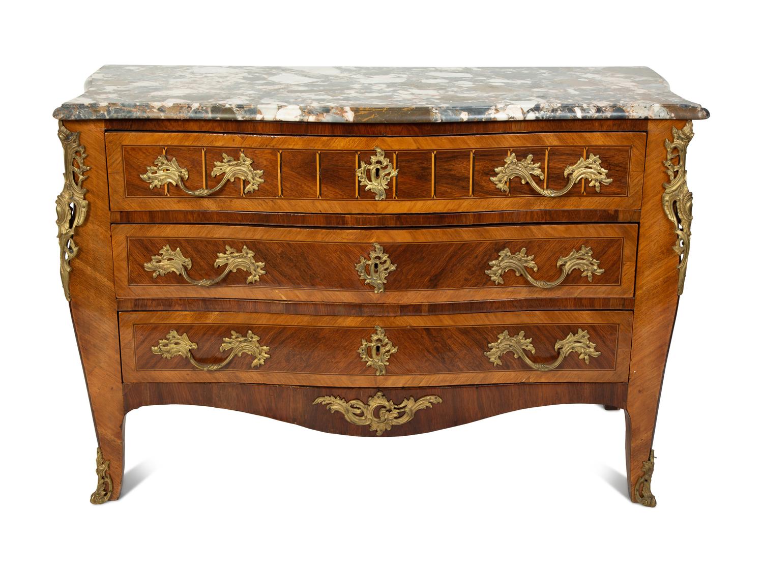 A Regence Style Gilt Bronze Mounted Crossbanded Marble-Top Commode — 19TH CENTURY
