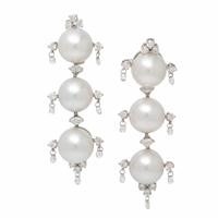 Cultured Pearl, Diamond, and White Gold Earrings