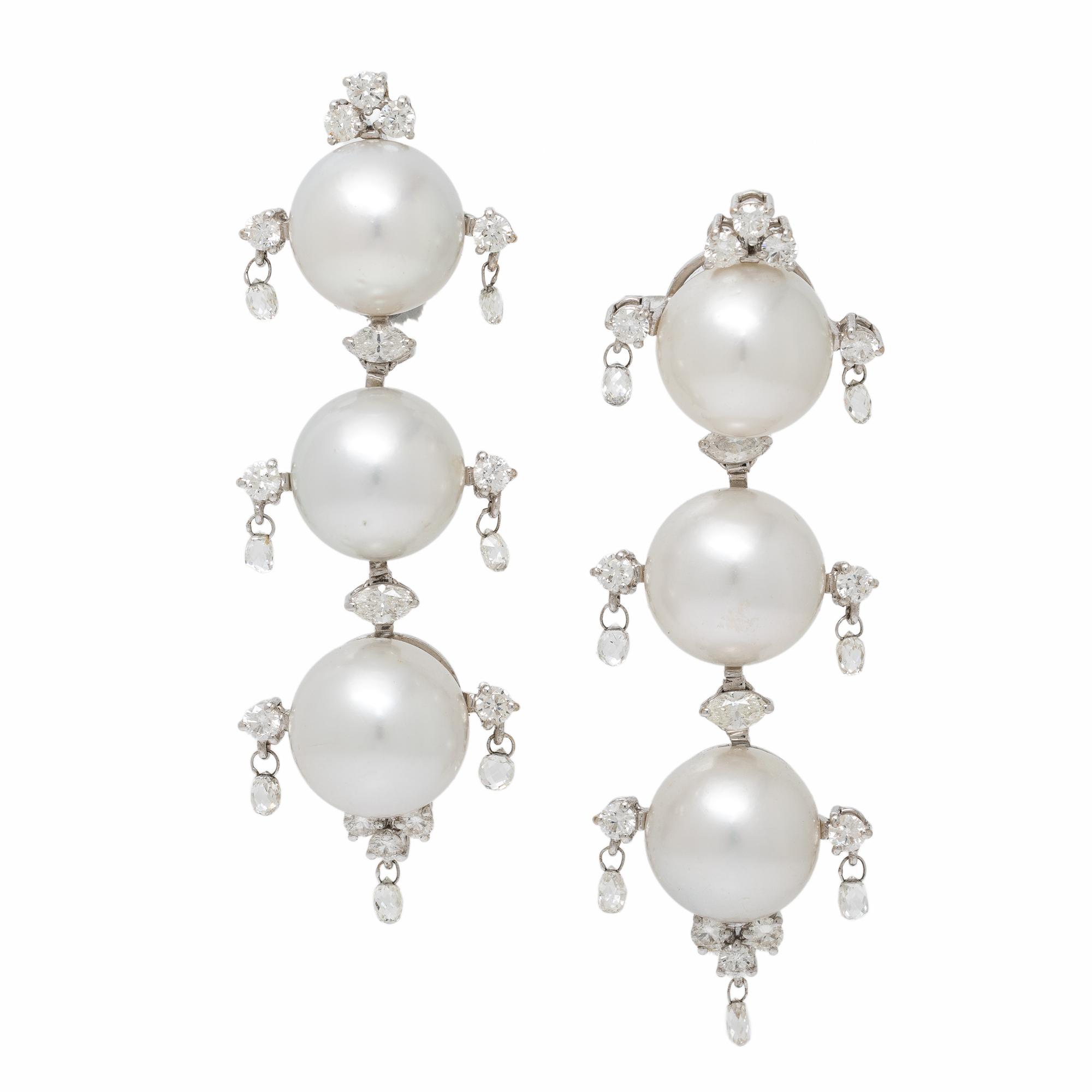 Cultured Pearl, Diamond, and White Gold Earrings