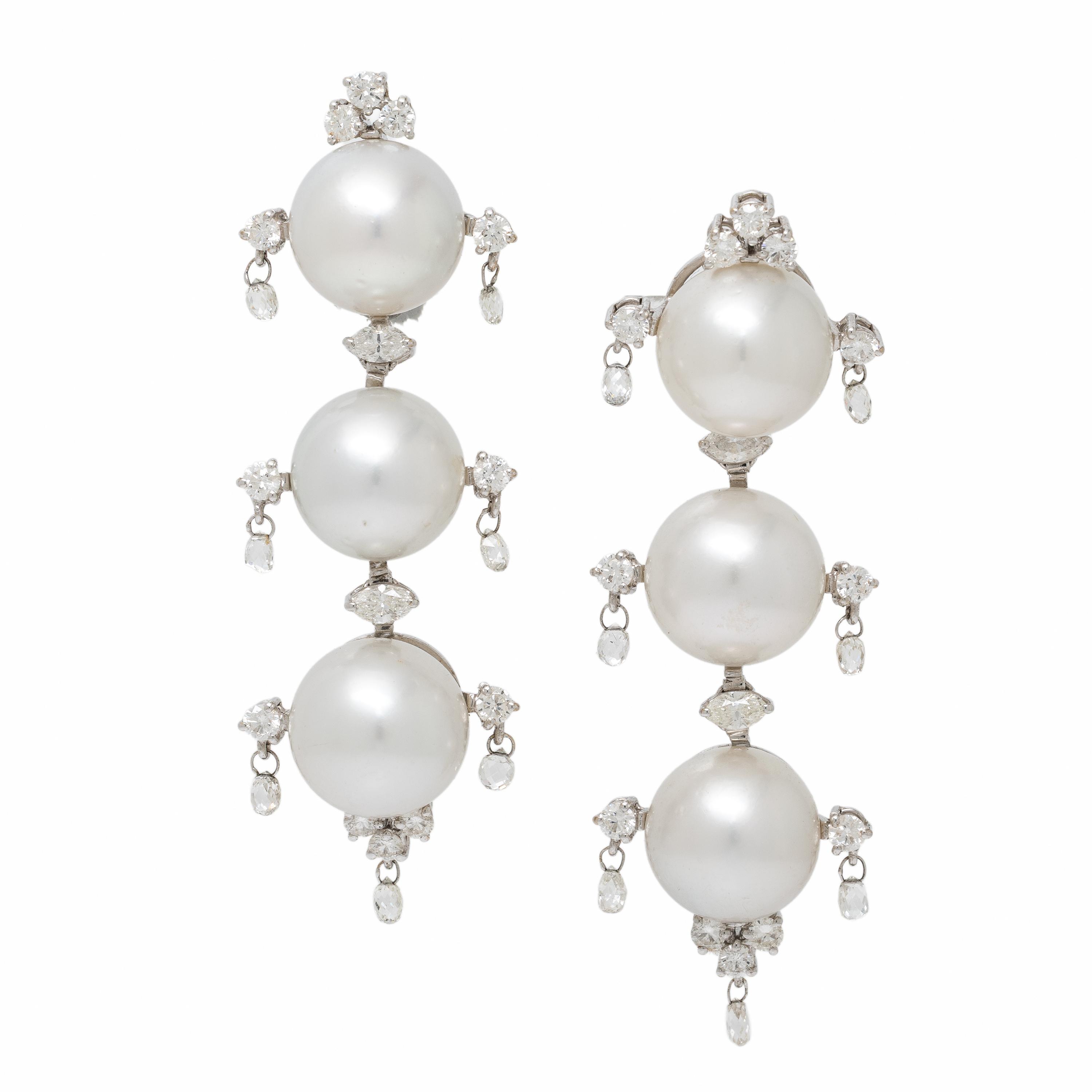 Cultured Pearl, Diamond, and White Gold Earrings