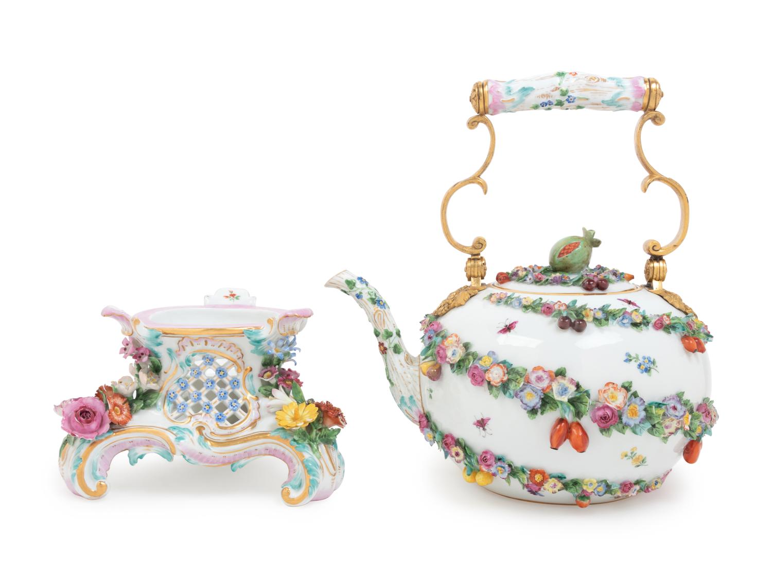 A Meissen Porcelain Tea Kettle on Stand