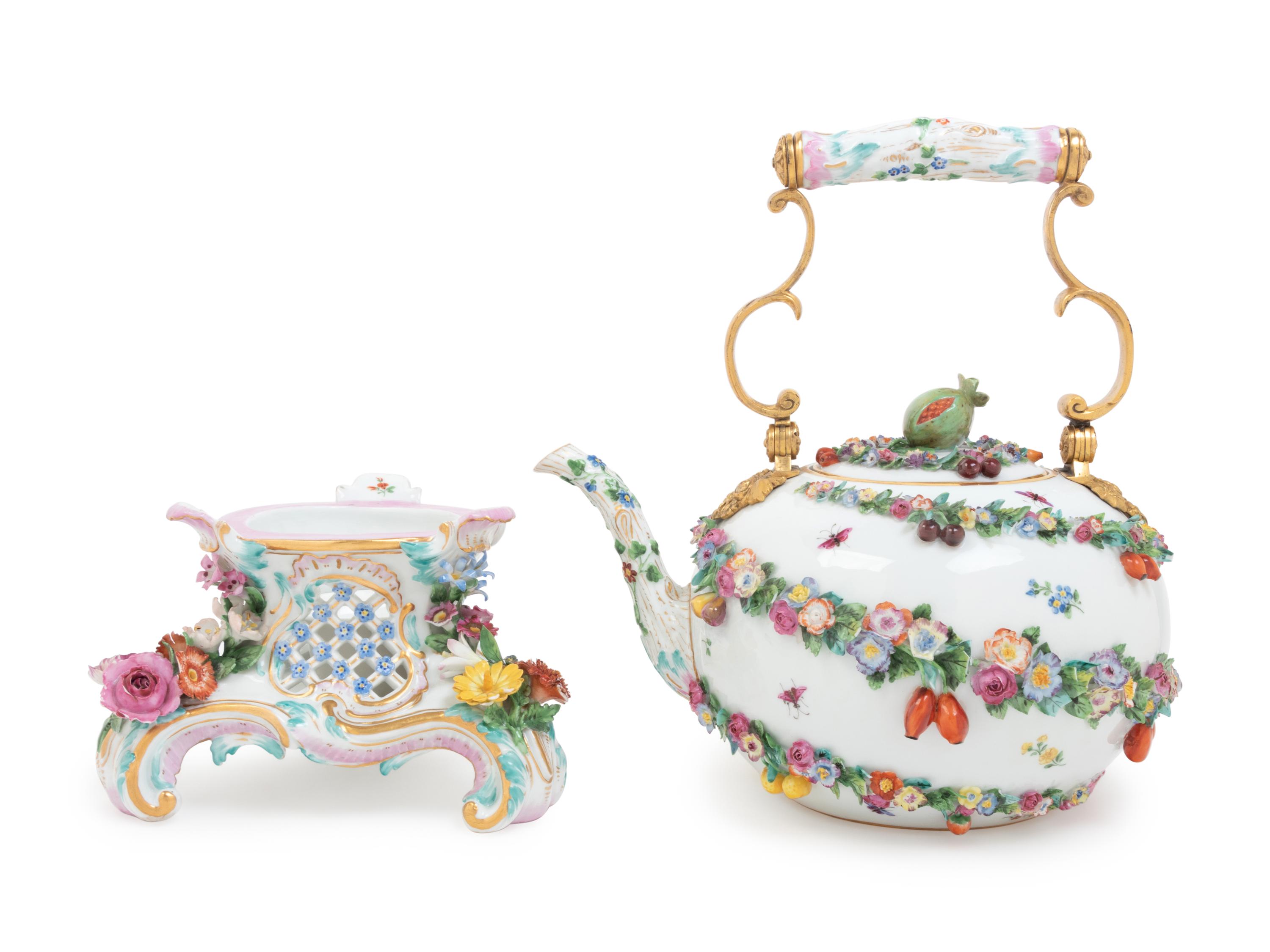 A Meissen Porcelain Tea Kettle on Stand