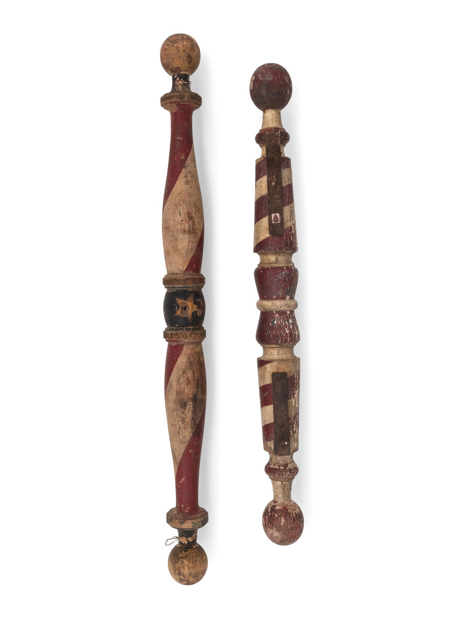 Two Polychrome Paint Decorated Wood Barber Poles