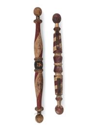 Two Polychrome Paint Decorated Wood Barber Poles