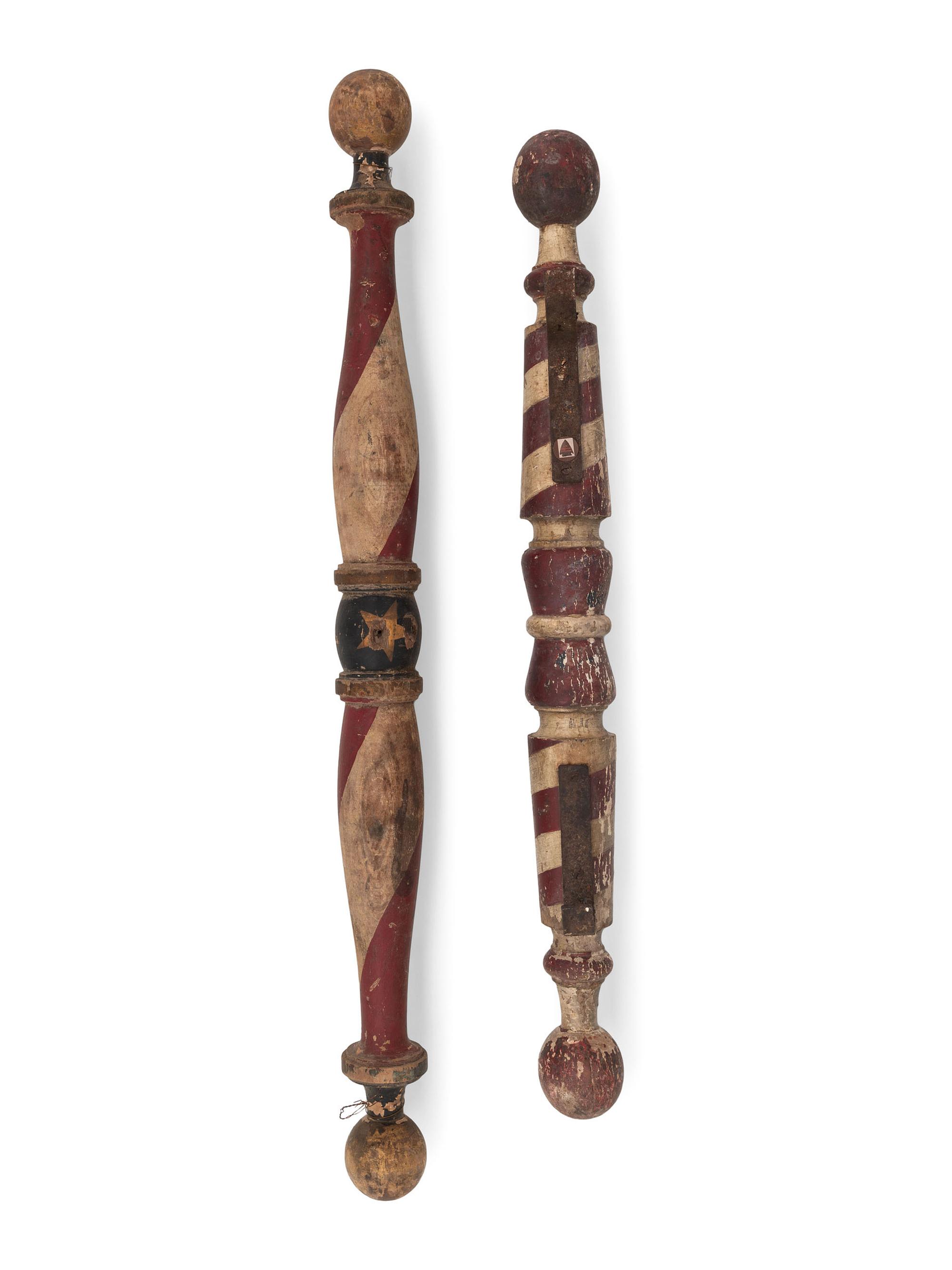 Two Polychrome Paint Decorated Wood Barber Poles