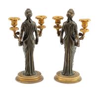 A Pair of Empire Style Gilt and Patinated Bronze Figural Two-Light Candelabra