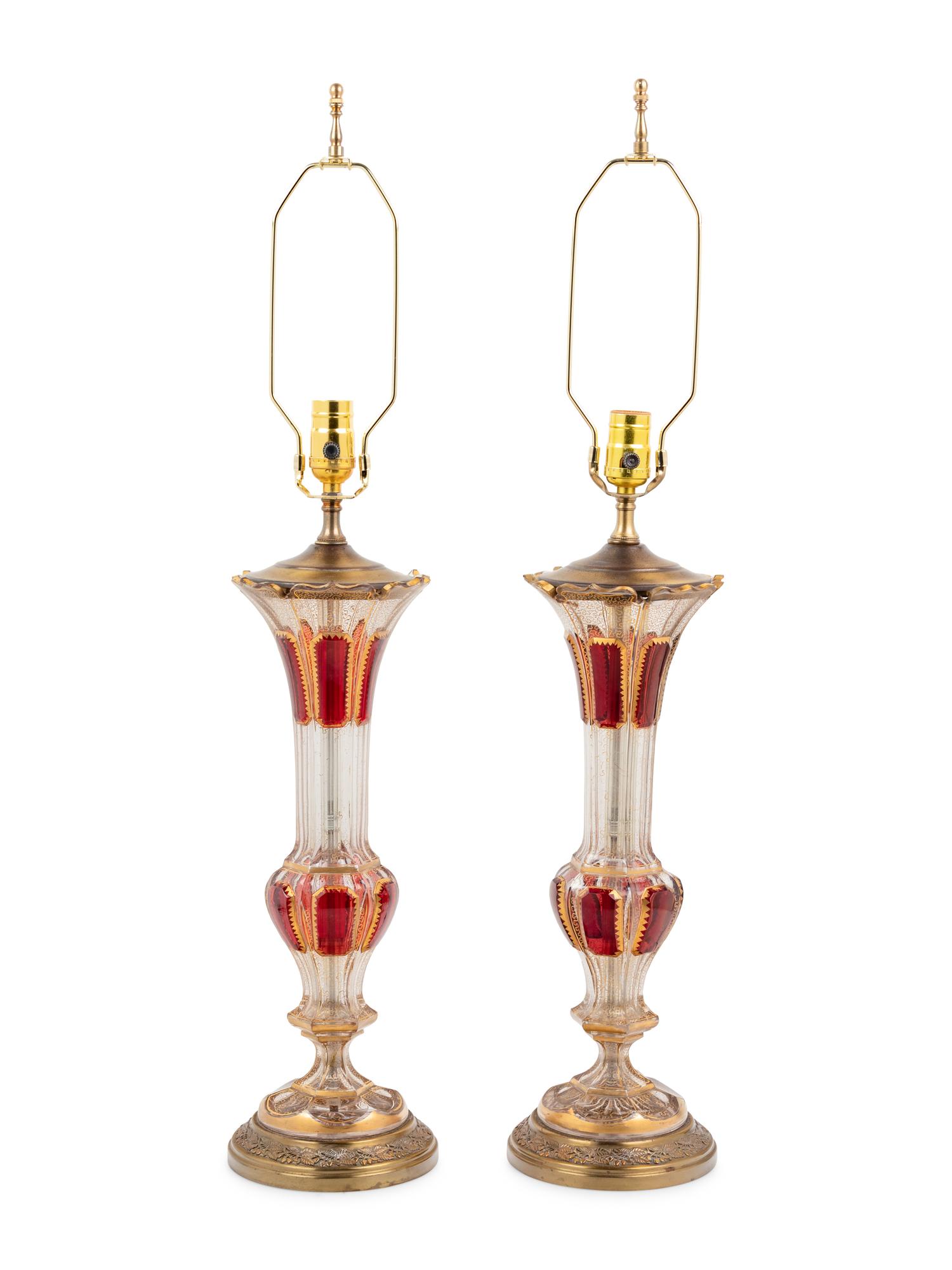 A Pair of Bohemian Cranberry and Clear Glass Vases Mounted as Lamps