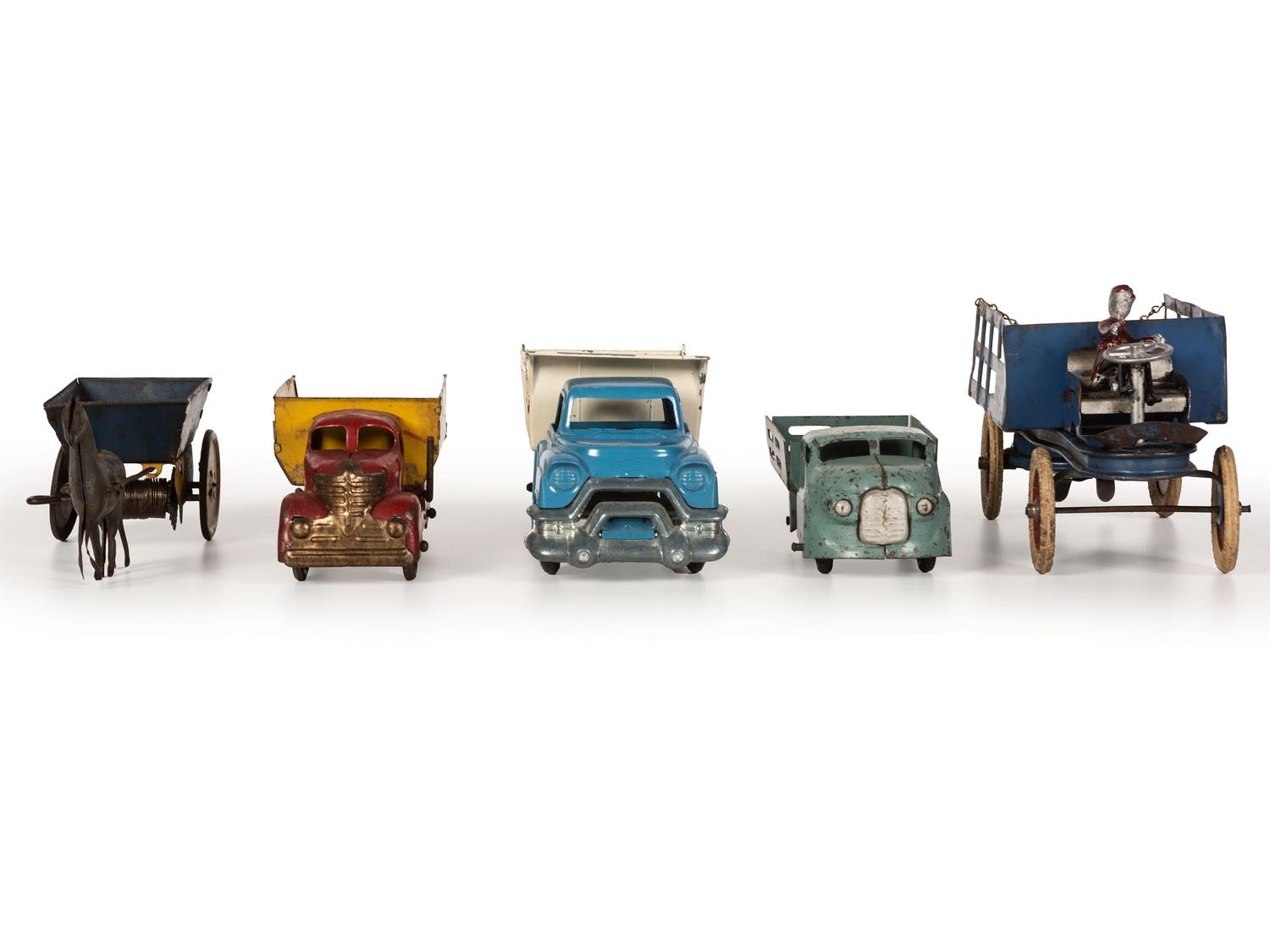 Ten Tin and Pressed Steel Toy Trucks and Wagons