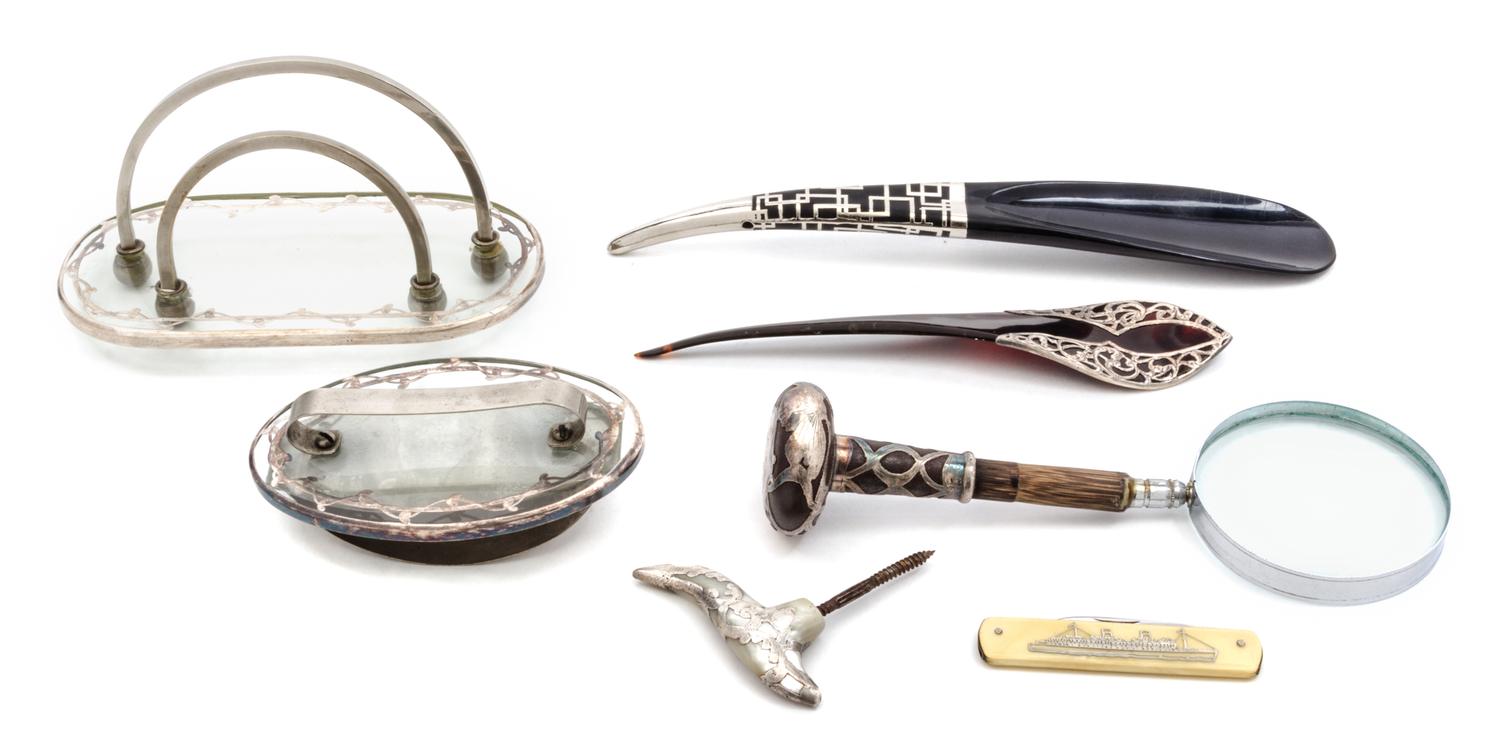 A Collection of Silver Overlay Glass Table and Pocket Articles Length of longest 10 inches.