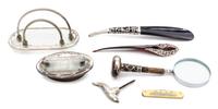 A Collection of Silver Overlay Glass Table and Pocket Articles Length of longest 10 inches.
