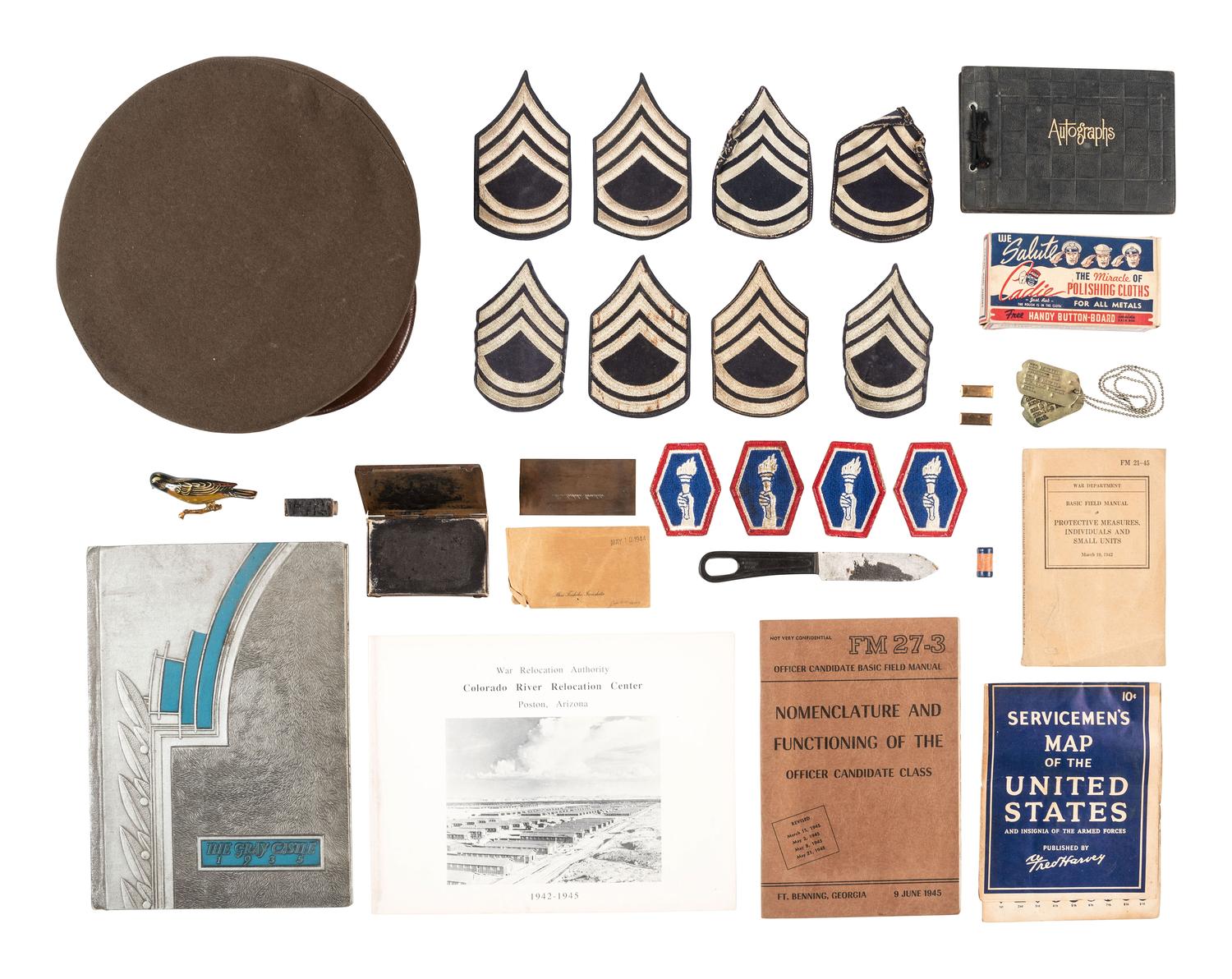 [WORLD WAR II]. Archive associated with Japanese-American soldier George Asakawa (1918-2012), whose family was detained in an Arizona relocation camp during WWII. [ With: ] Cal Tech autograph album featuring signatures of multiple Nobel Prize winners.