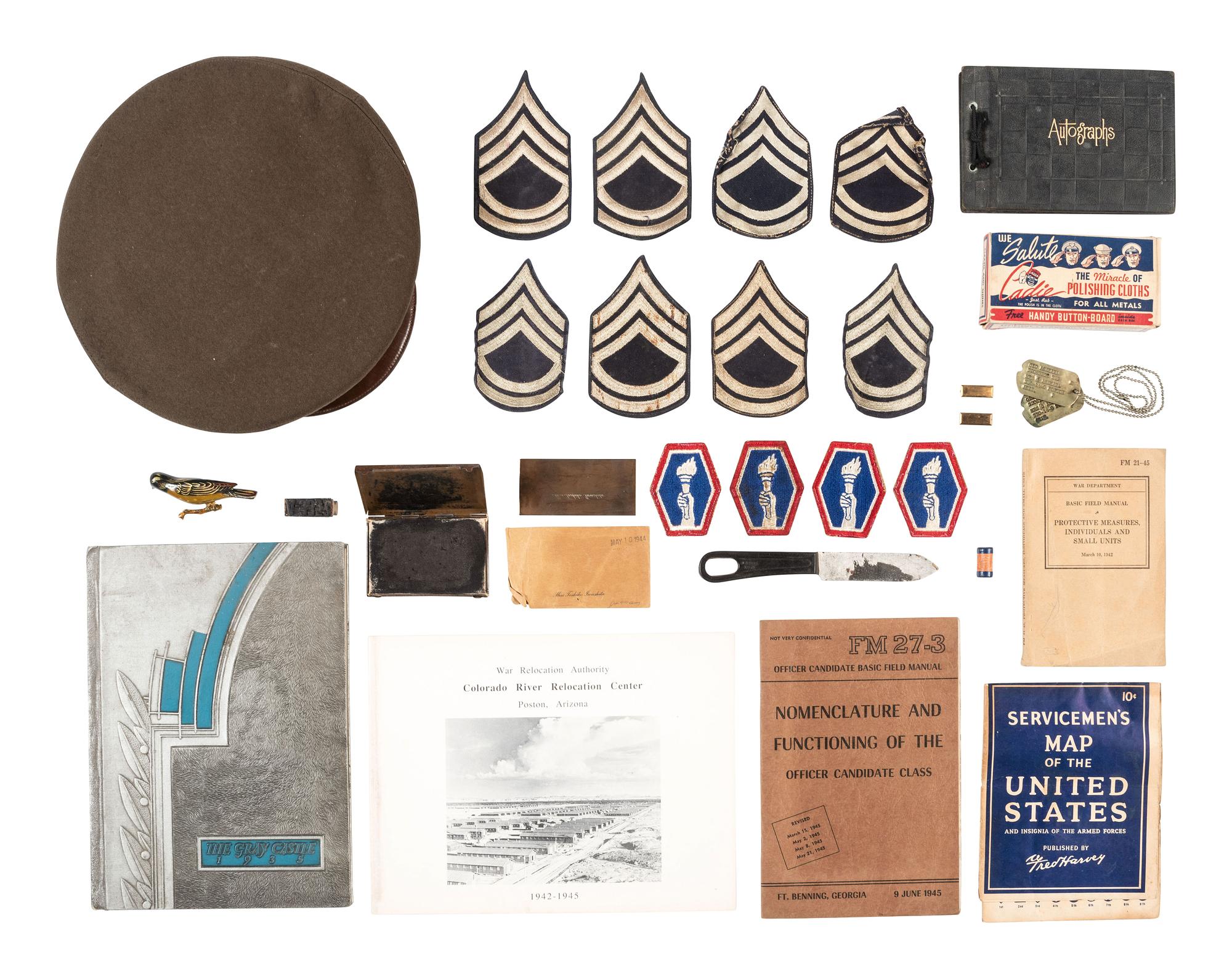 [WORLD WAR II]. Archive associated with Japanese-American soldier George Asakawa (1918-2012), whose family was detained in an Arizona relocation camp during WWII. [ With: ] Cal Tech autograph album featuring signatures of multiple Nobel Prize winners.