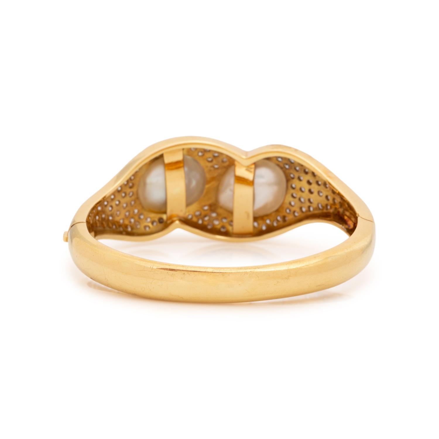BAROQUE CULTURED PEARL, DIAMOND AND YELLOW GOLD BANGLE BRACELET
