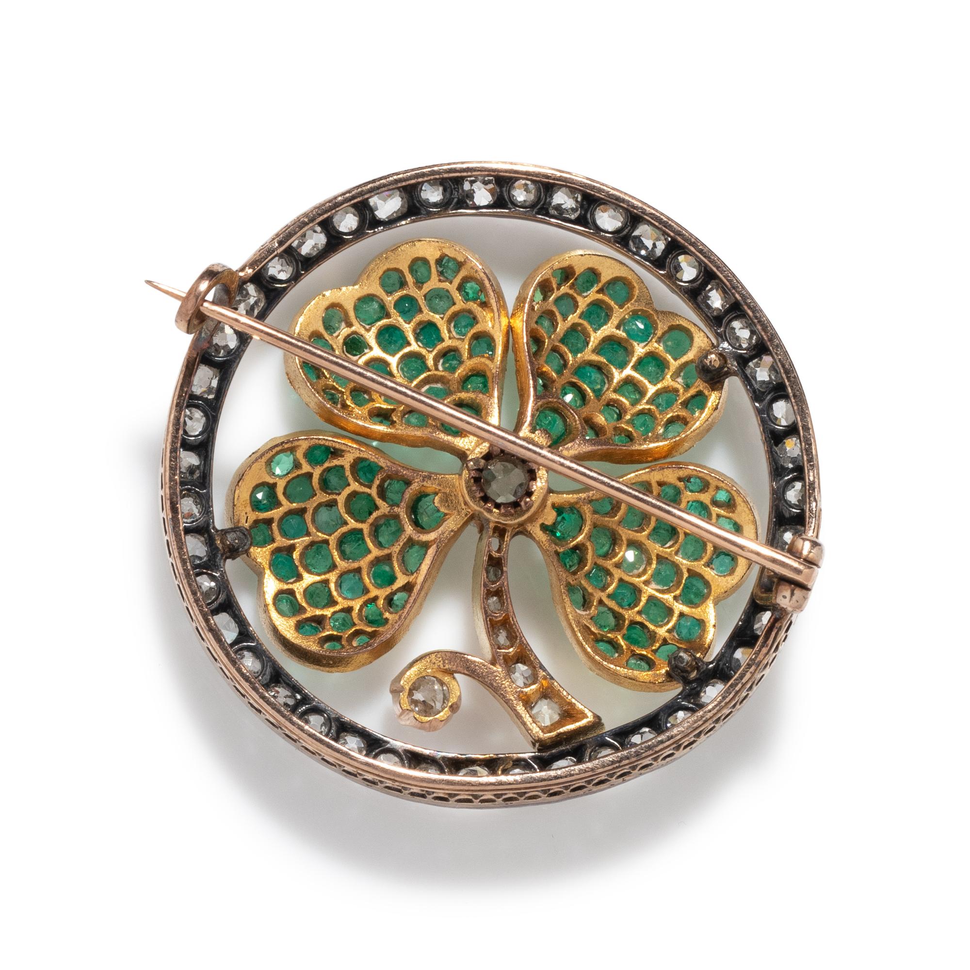 VICTORIAN, DIAMOND AND EMERALD FOUR LEAF CLOVER BROOCH