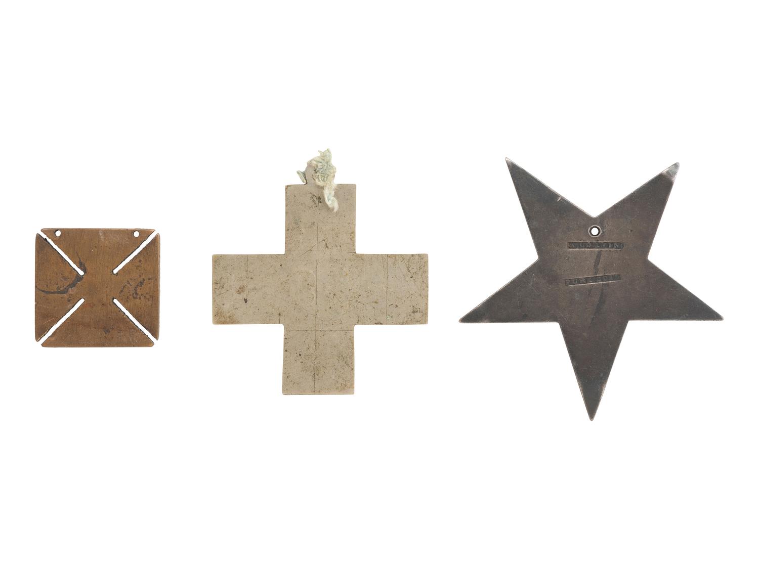 [MILITARIA]. Three Corps badges, one inscribed "Co. D, Dead Shot."