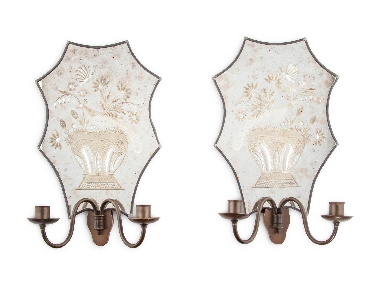 A Pair of Etched Glass Two-Light Sconces