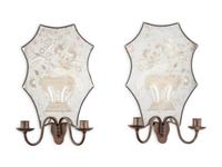 A Pair of Etched Glass Two-Light Sconces