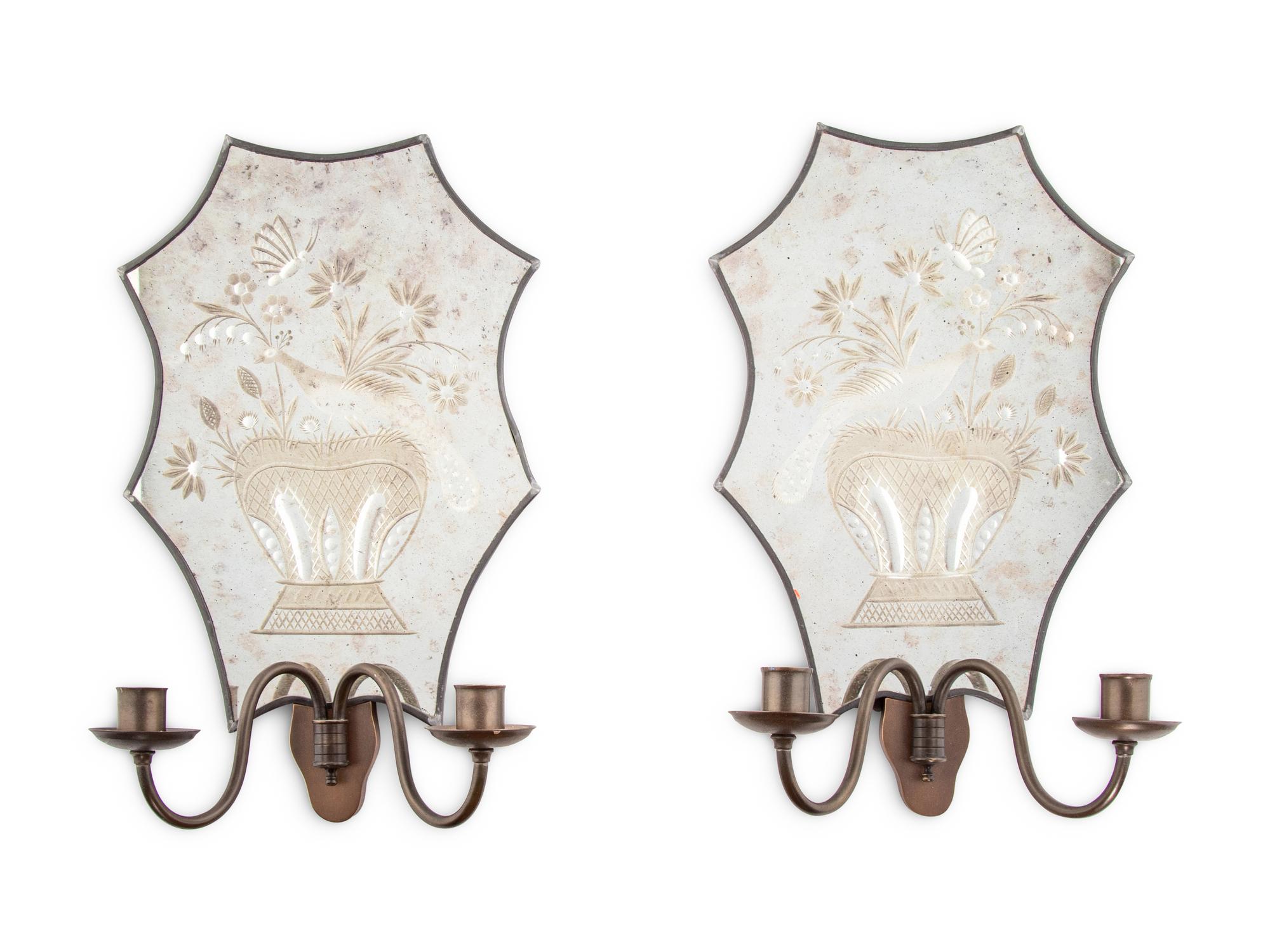 A Pair of Etched Glass Two-Light Sconces
