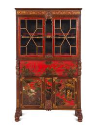 A Georgian Style Red Lacquered and Chinoiserie Decorated Secretary Bookcase