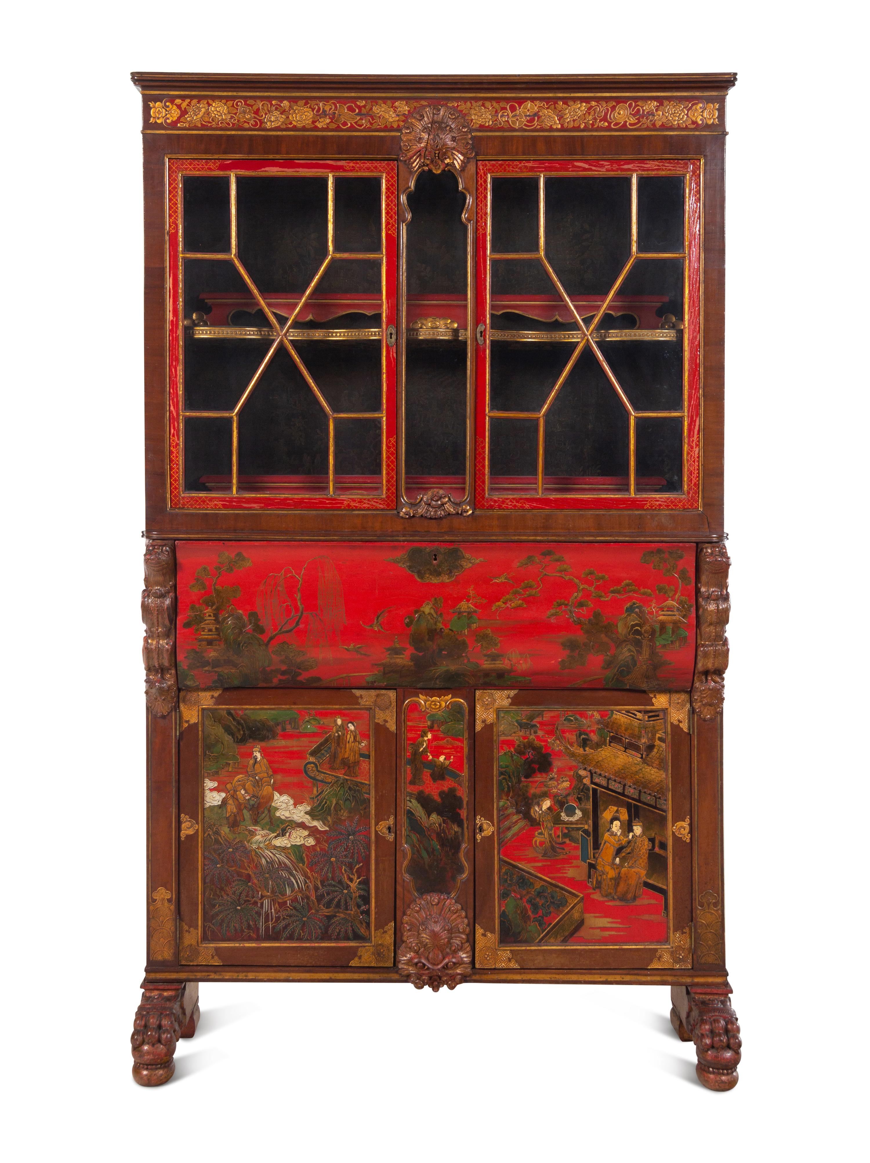 A Georgian Style Red Lacquered and Chinoiserie Decorated Secretary Bookcase