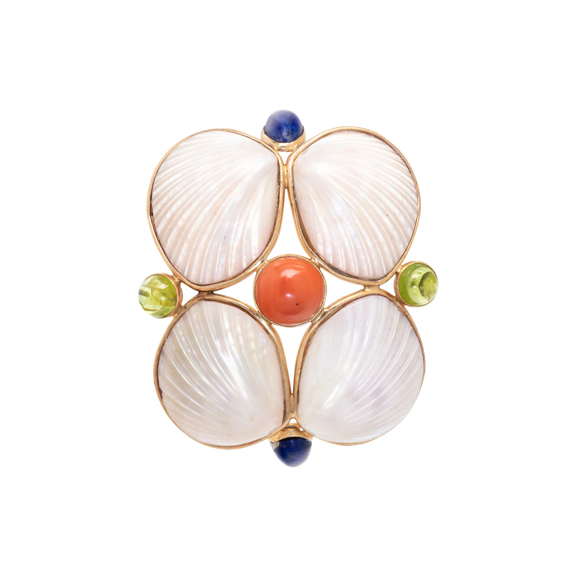 MARGUERITE STIX, YELLOW GOLD, SHELL AND MULTIGEM BROOCH