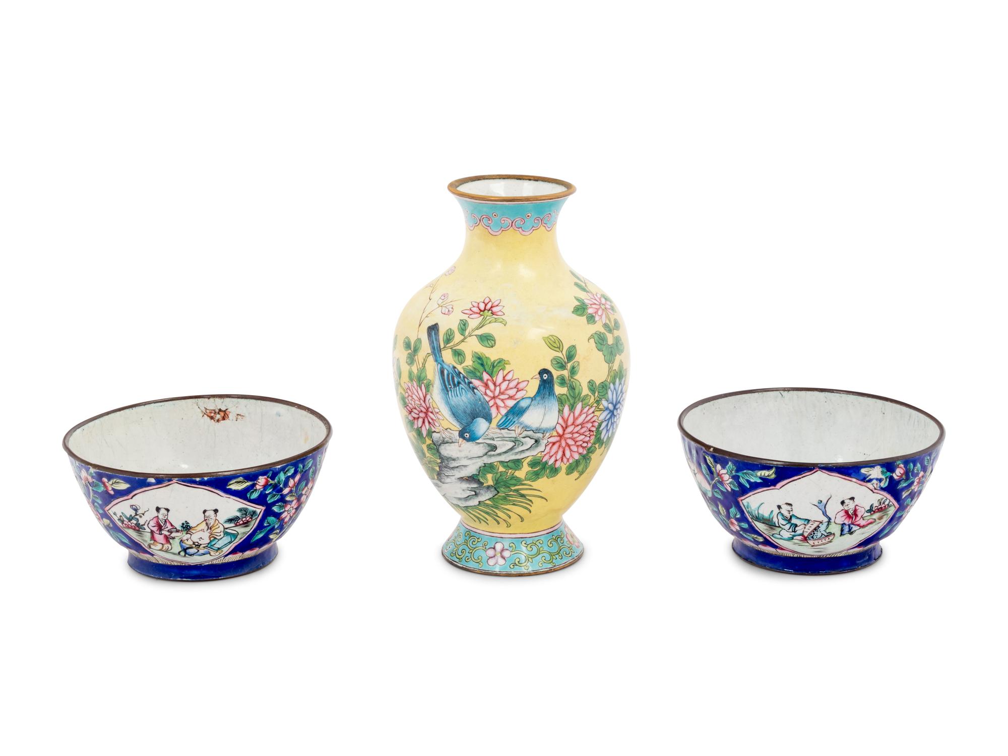 Three Chinese Canton Enamel on Copper Articles