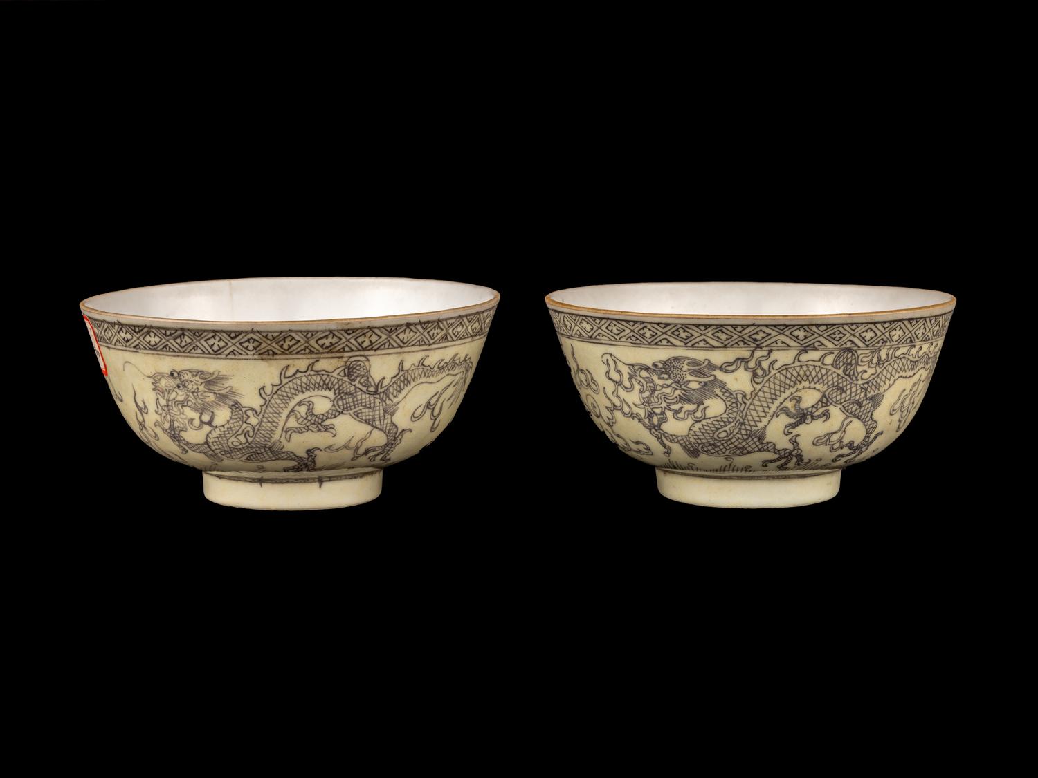A Pair of Chinese Grisaille Enameled Porcelain Bowls