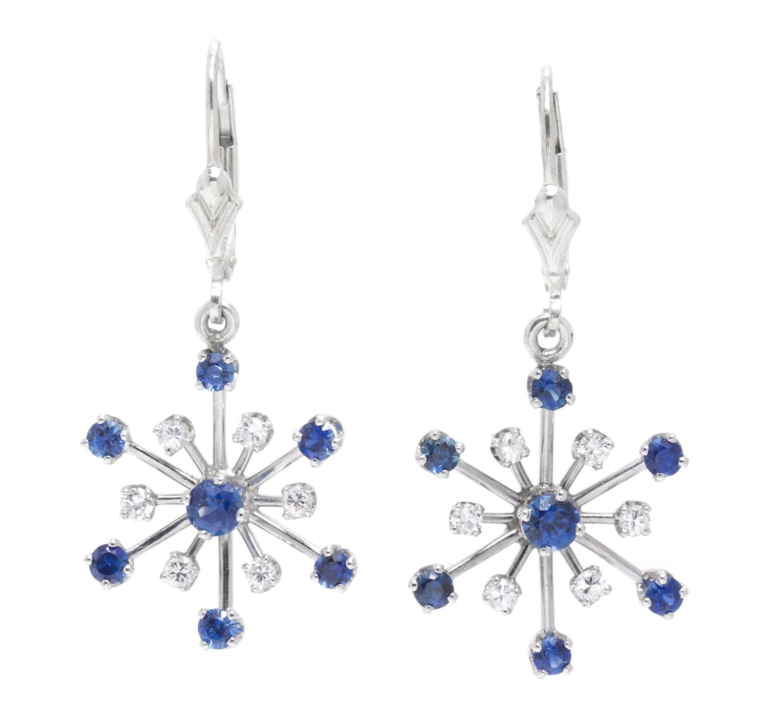A Pair of Platinum, Sapphire and Diamond Snowflake Earrings, 3.80 dwts.