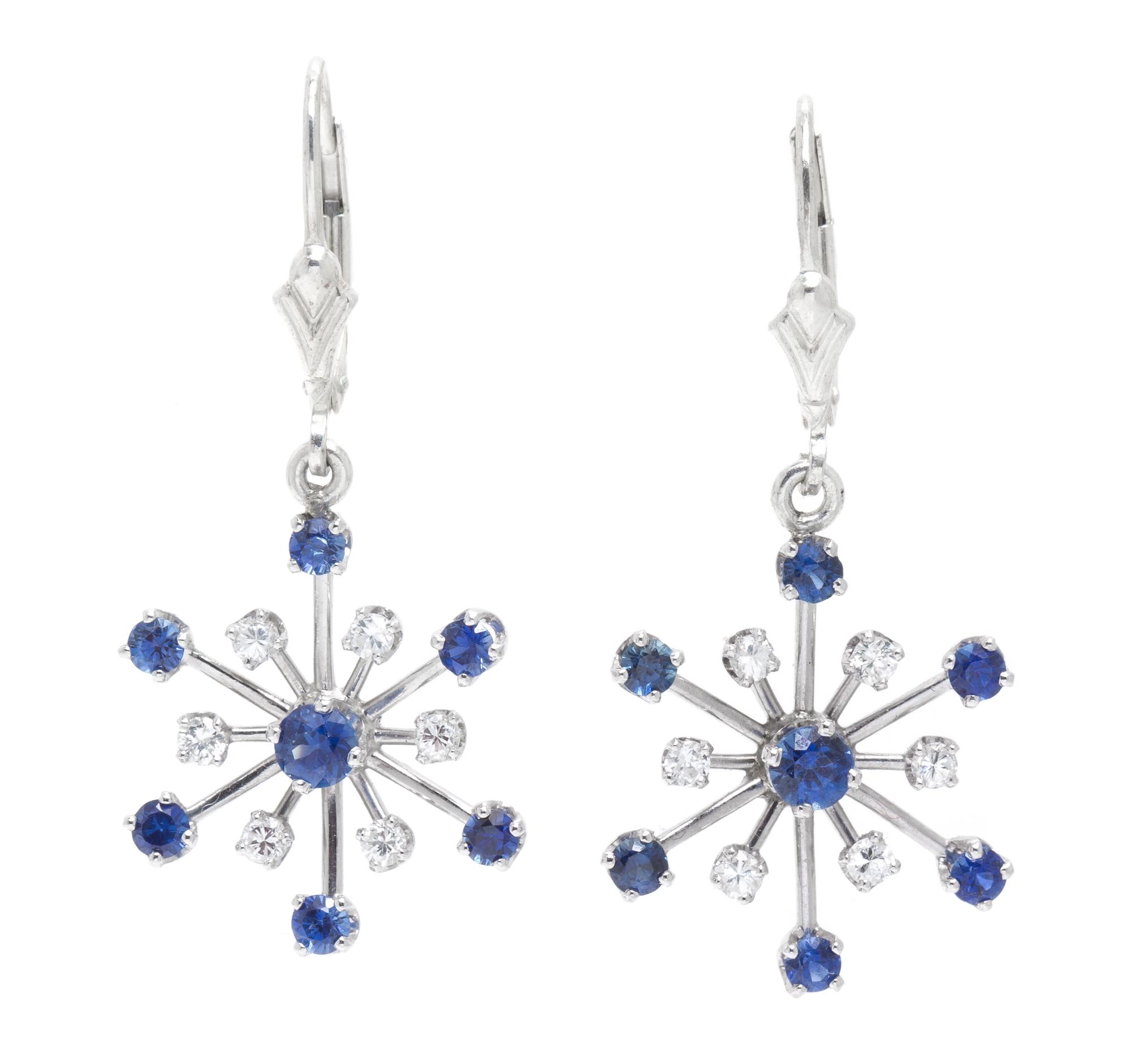 A Pair of Platinum, Sapphire and Diamond Snowflake Earrings, 3.80 dwts.