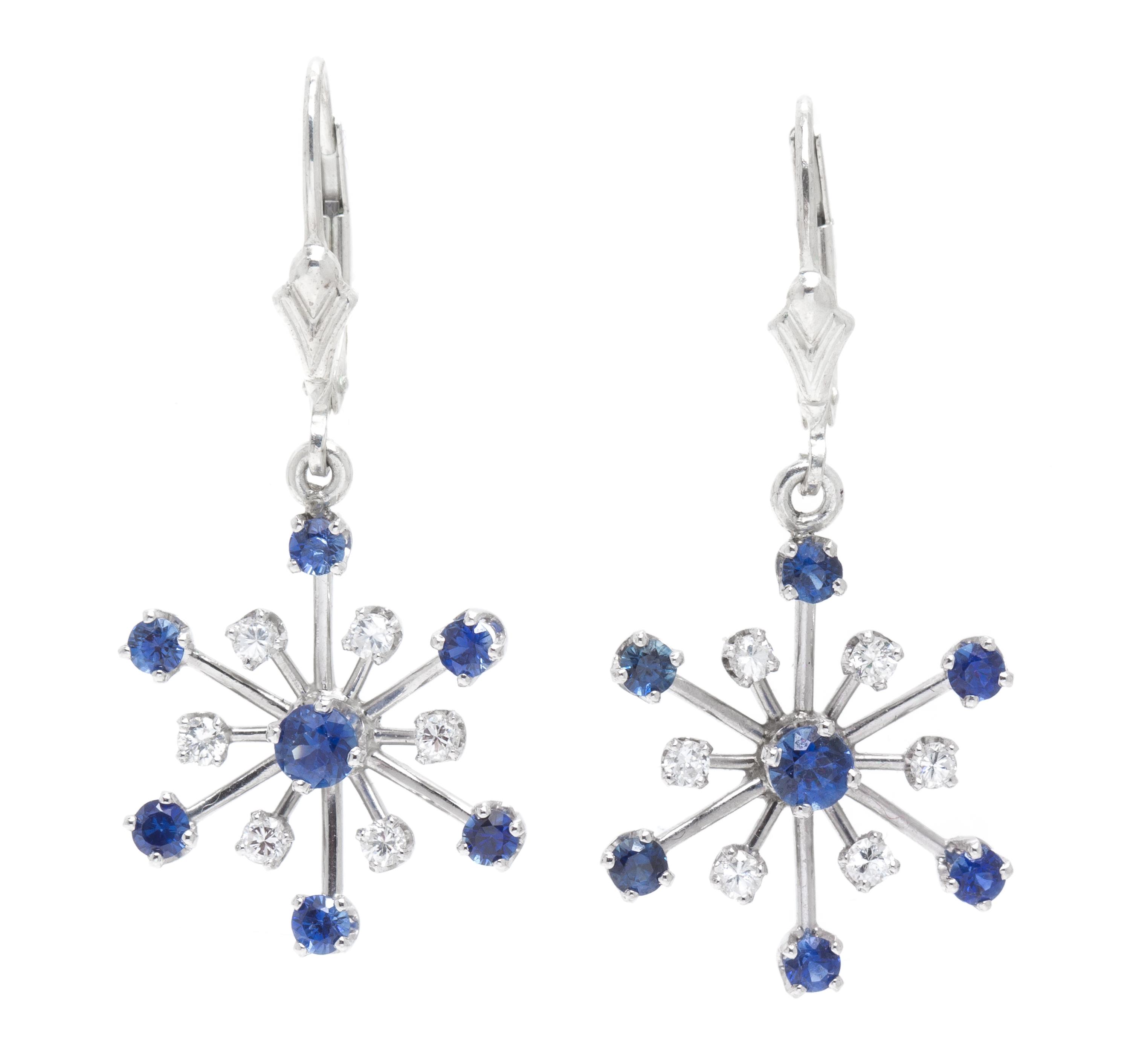 A Pair of Platinum, Sapphire and Diamond Snowflake Earrings, 3.80 dwts.