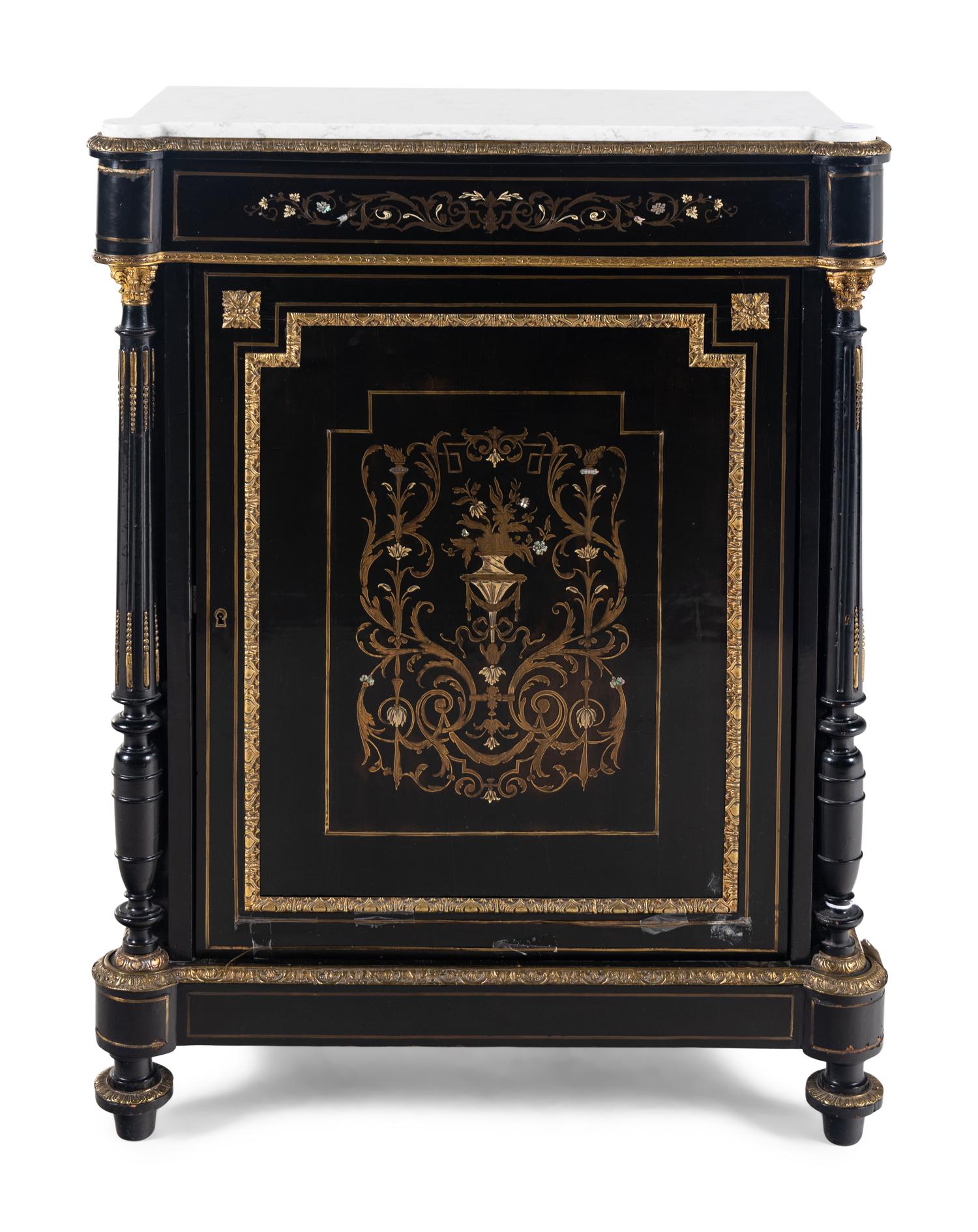 A Napoleon III Brass and Pewter Inlaid Ebonized Marble-Top Cabinet