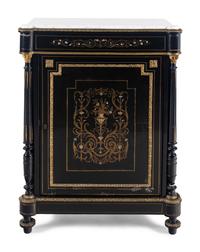 A Napoleon III Brass and Pewter Inlaid Ebonized Marble-Top Cabinet