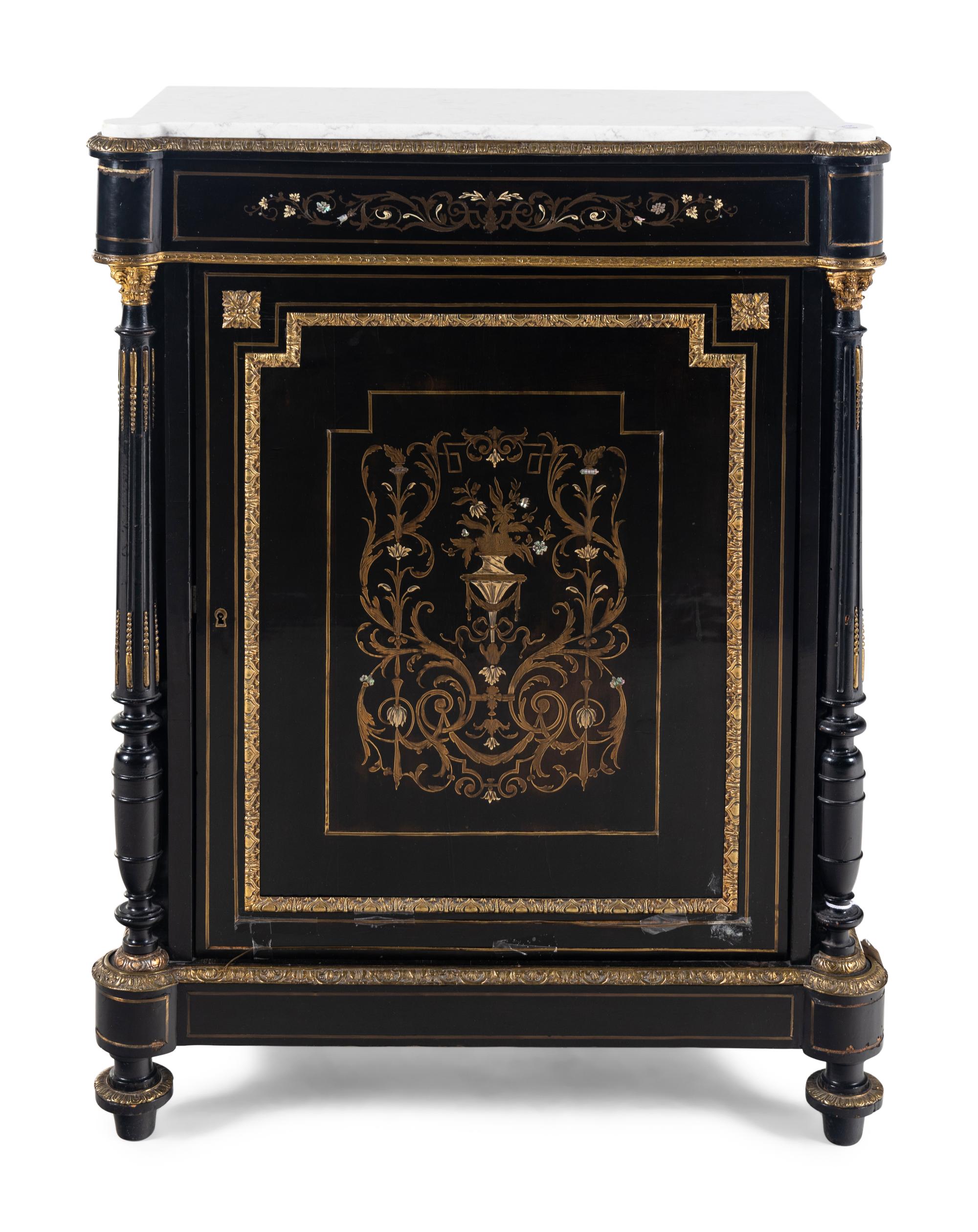 A Napoleon III Brass and Pewter Inlaid Ebonized Marble-Top Cabinet