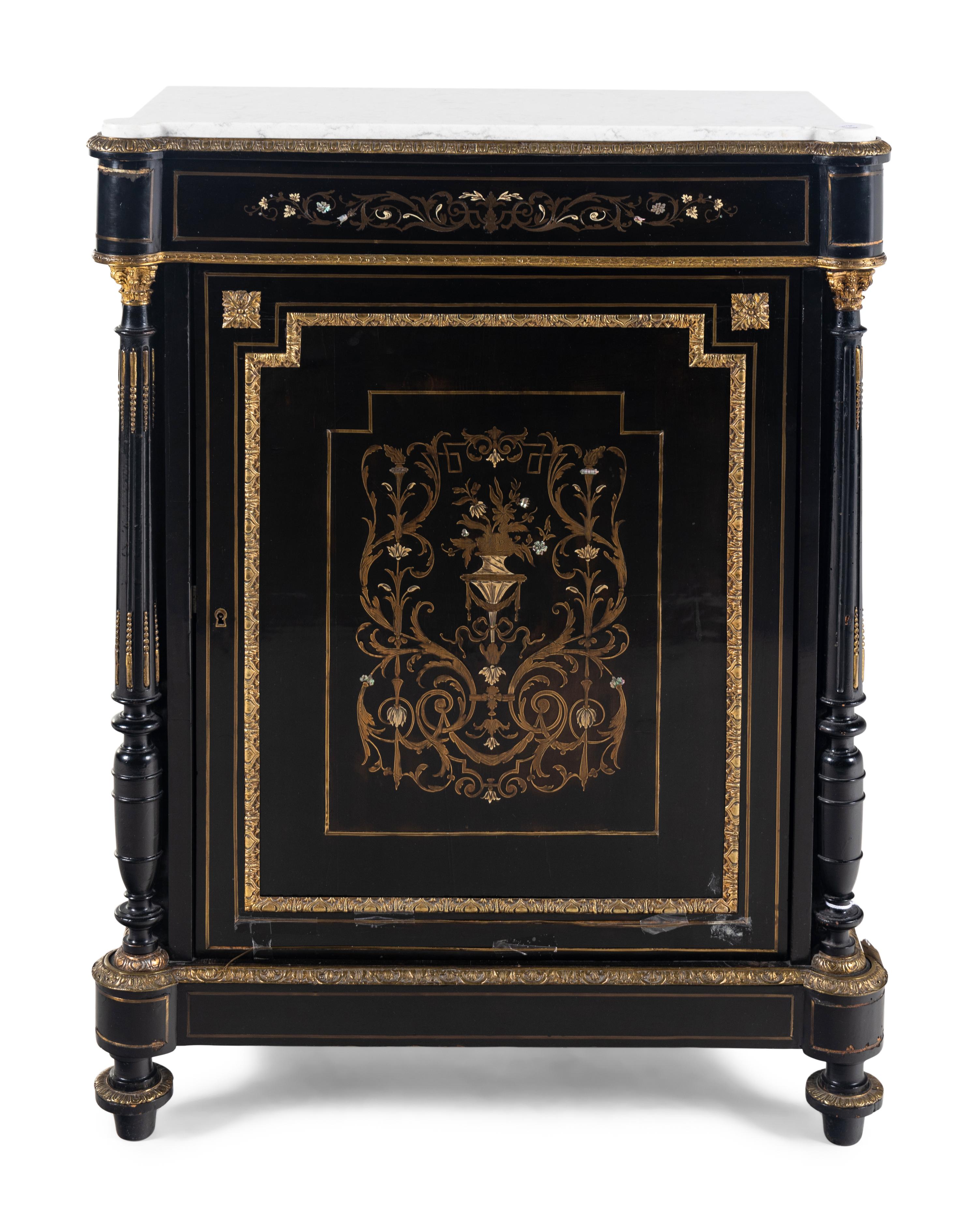 A Napoleon III Brass and Pewter Inlaid Ebonized Marble-Top Cabinet