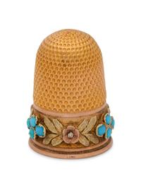 A French Yellow Gold and Turquoise-Inset Thimble
