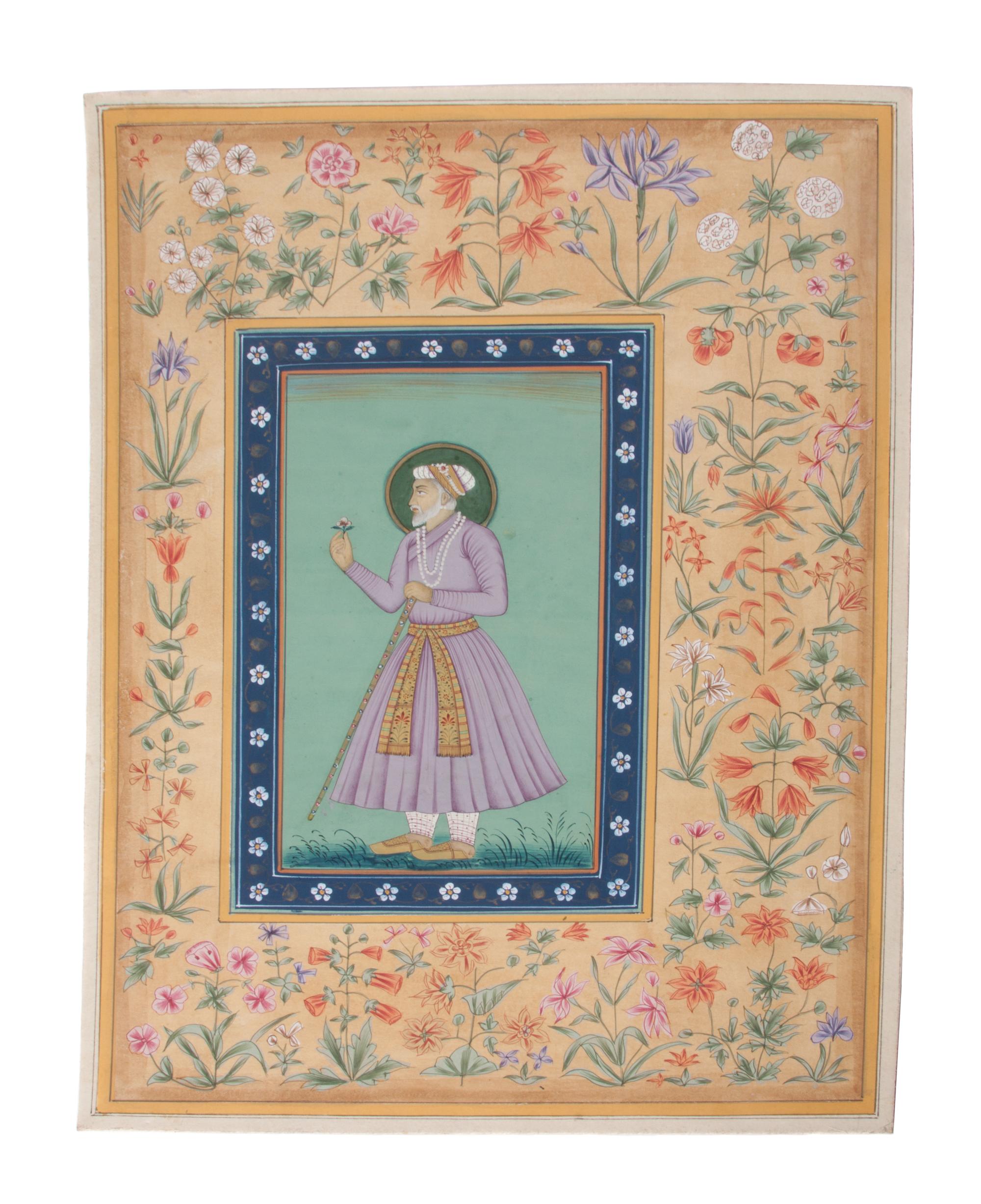 A Collection of Seven Indian Mughal Miniatures Height of largest 13 x width 9 inches.