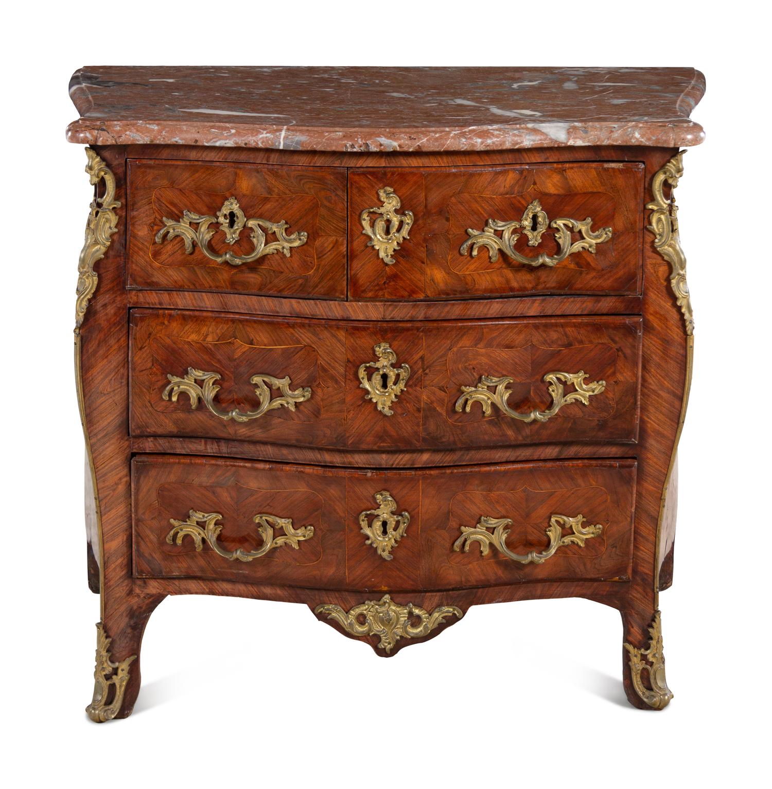 A Régence Gilt Bronze Mounted Kingwood and Tulipwood Marble-Top Commode by Charles-Joseph Dufour (French, 1740-circa 1780)
