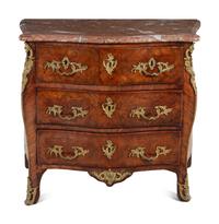A Régence Gilt Bronze Mounted Kingwood and Tulipwood Marble-Top Commode by Charles-Joseph Dufour (French, 1740-circa 1780)
