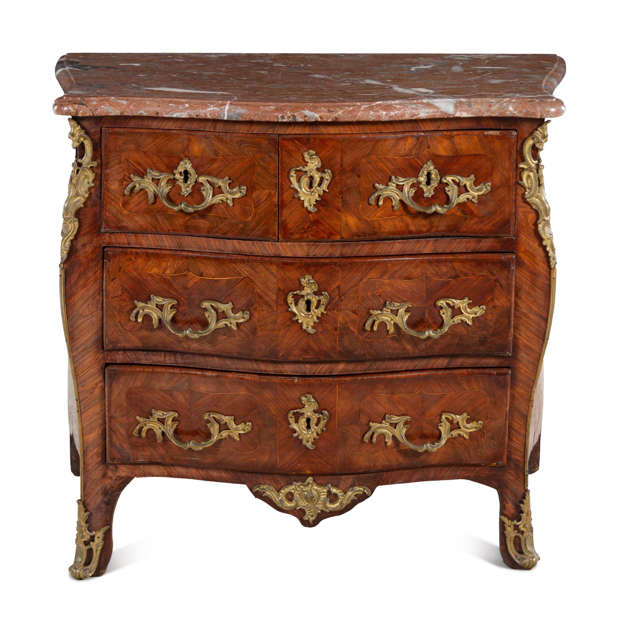 A Régence Gilt Bronze Mounted Kingwood and Tulipwood Marble-Top Commode by Charles-Joseph Dufour (French, 1740-circa 1780)