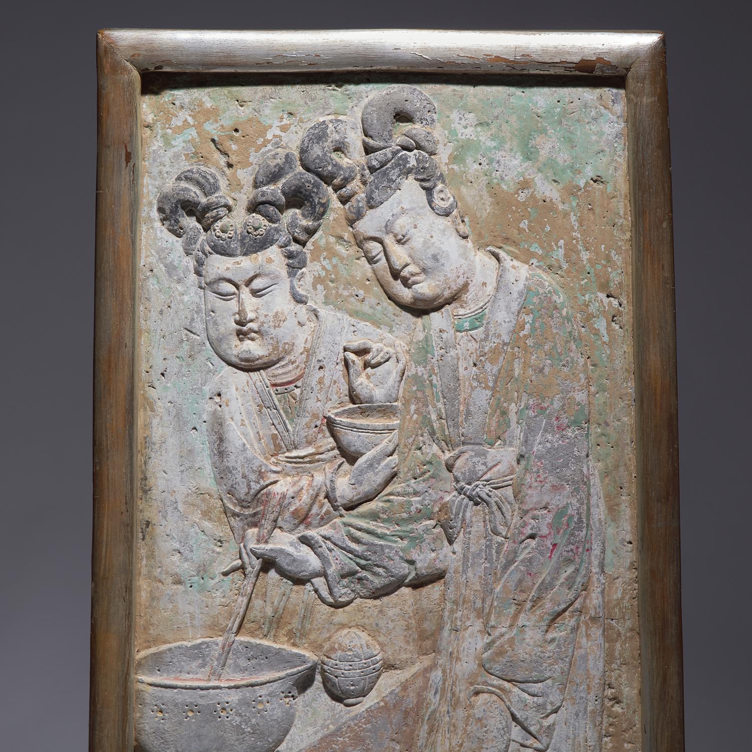 A Rare Chinese Carved and Painted 'Court Ladies' Relief Brick Panel, Late Tang Dynasty-Five Dynasties and Ten Kingdoms 晚唐-五代 彩繪磚雕侍女圖