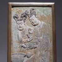 A Rare Chinese Carved and Painted 'Court Ladies' Relief Brick Panel, Late Tang Dynasty-Five Dynasties and Ten Kingdoms 晚唐-五代 彩繪磚雕侍女圖