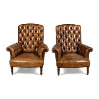 A Pair of English Button-Tufted Leather Armchairs