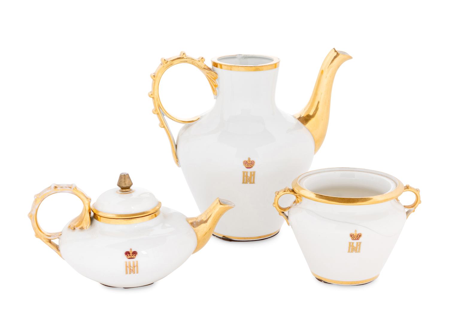 A Russian Porcelain Three-Piece Tea and Coffee Service