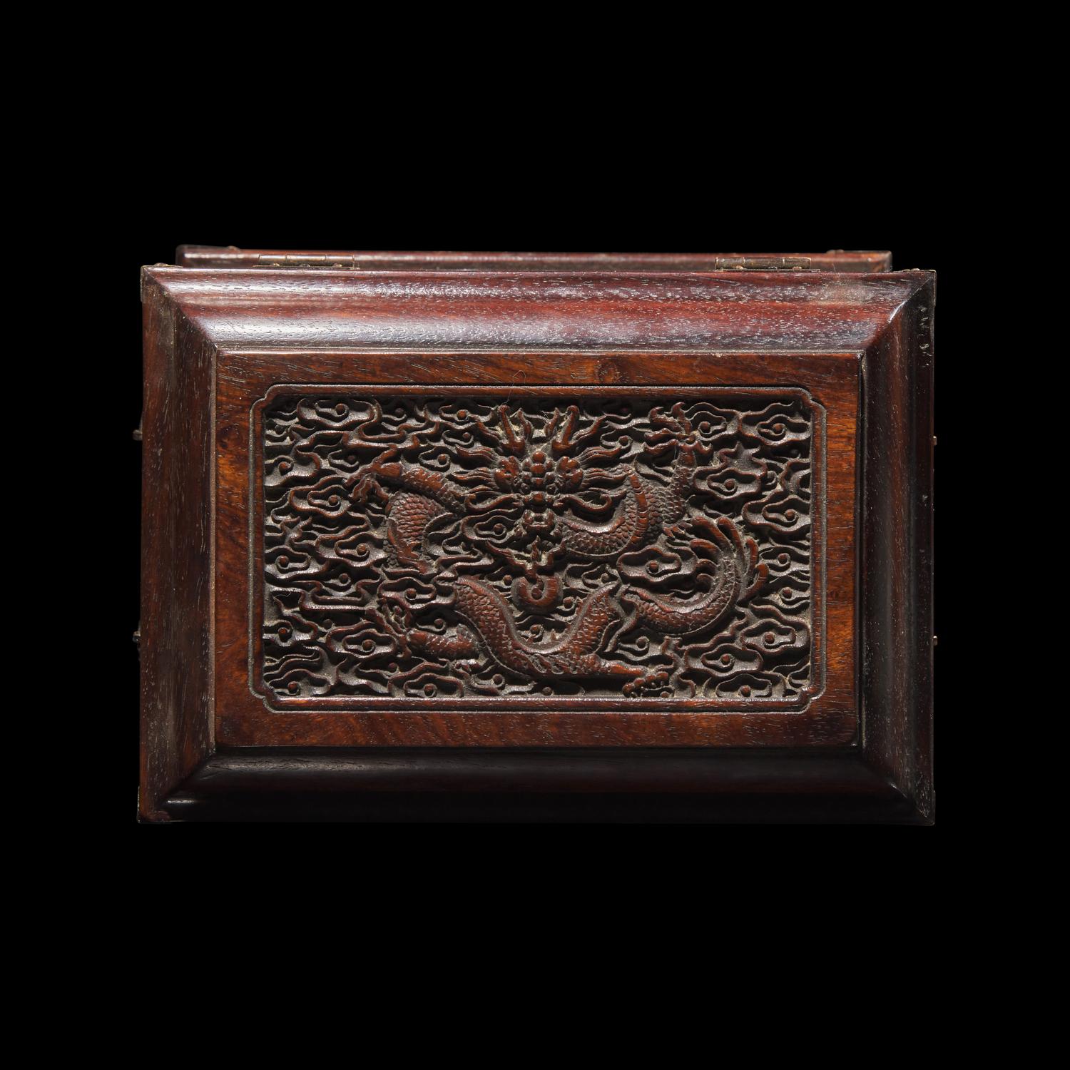 A Small Chinese Carved Hardwood Seal Chest 硬木雕雲龍紋官皮箱