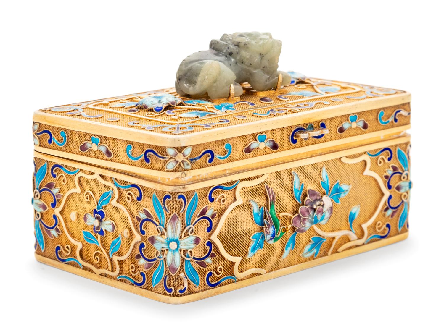 A Chinese Enameled Silver and Jade Inset Table Casket